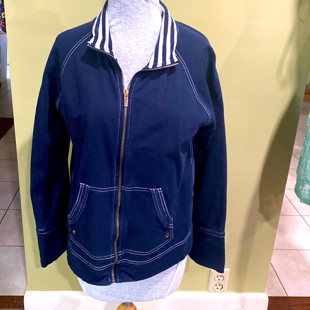 Anne Klein Sport Zip Jacket, M, Navy and white, zip front, 2 front pockets.